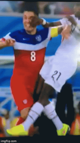 Clint Dempsey is kicked in the face during the first half of the USA's 2-1 victory over Ghana. Dempsey claimed to have broken his nose on this play. 
