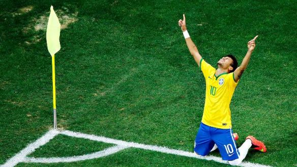 Brazil's Neymar celebrates a goal in their 3-1 victory over Croatia Thursday in Sao Paolo. 
